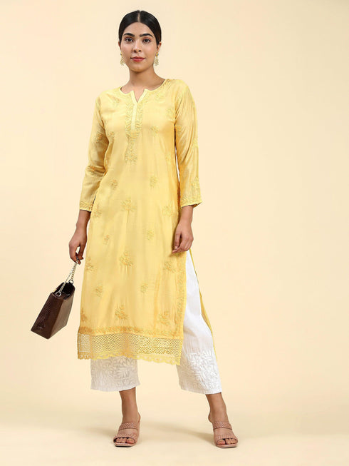 Fizaa Chikankari Long Kurta in Chanderi Silk for Women - Yellow